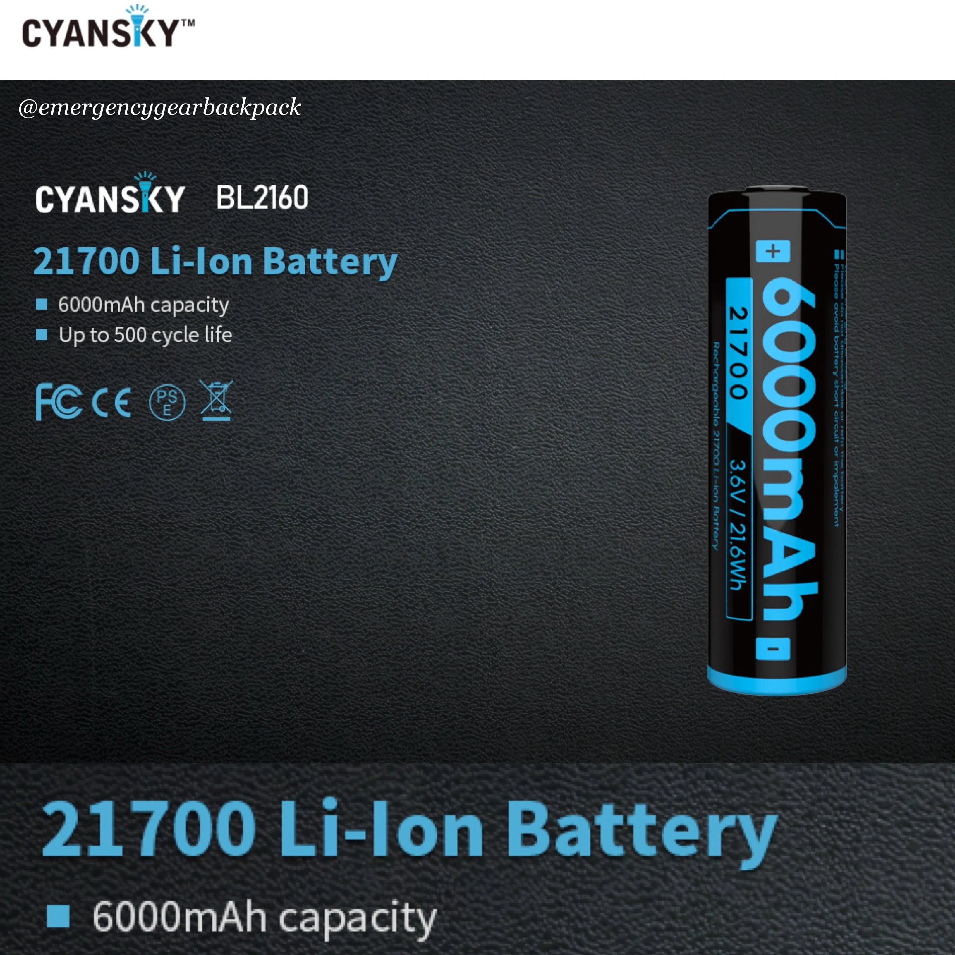Cyansky BL2160U 21700 6000mAh 3.6V 12A Li-ion Rechargeable Battery