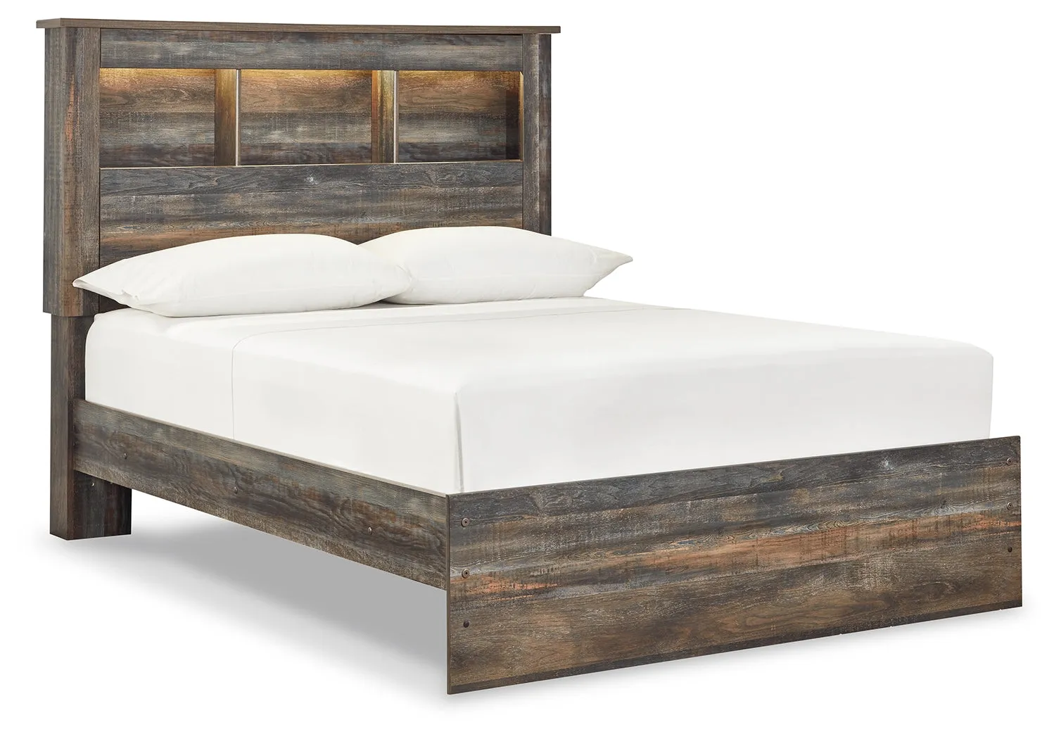 Drystan Full Bookcase Bed with Mirrored Dresser, Chest and Nightstand in Multi