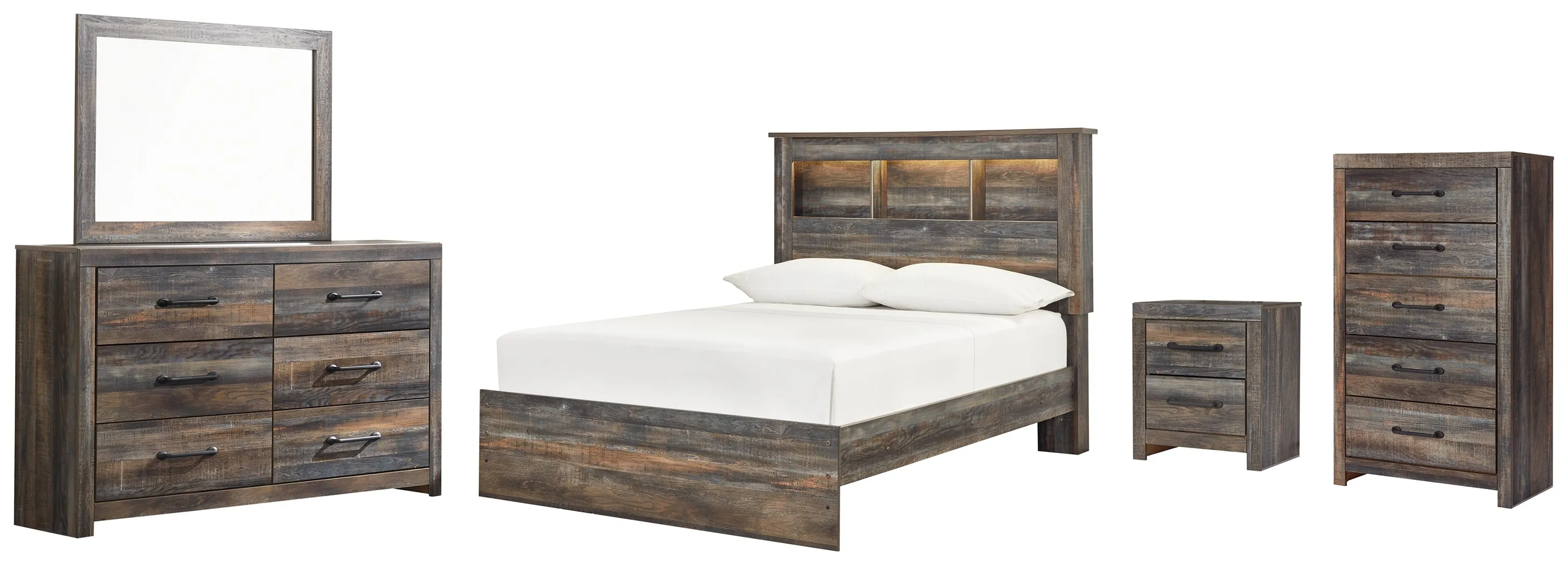 Drystan Full Bookcase Bed with Mirrored Dresser, Chest and Nightstand in Multi