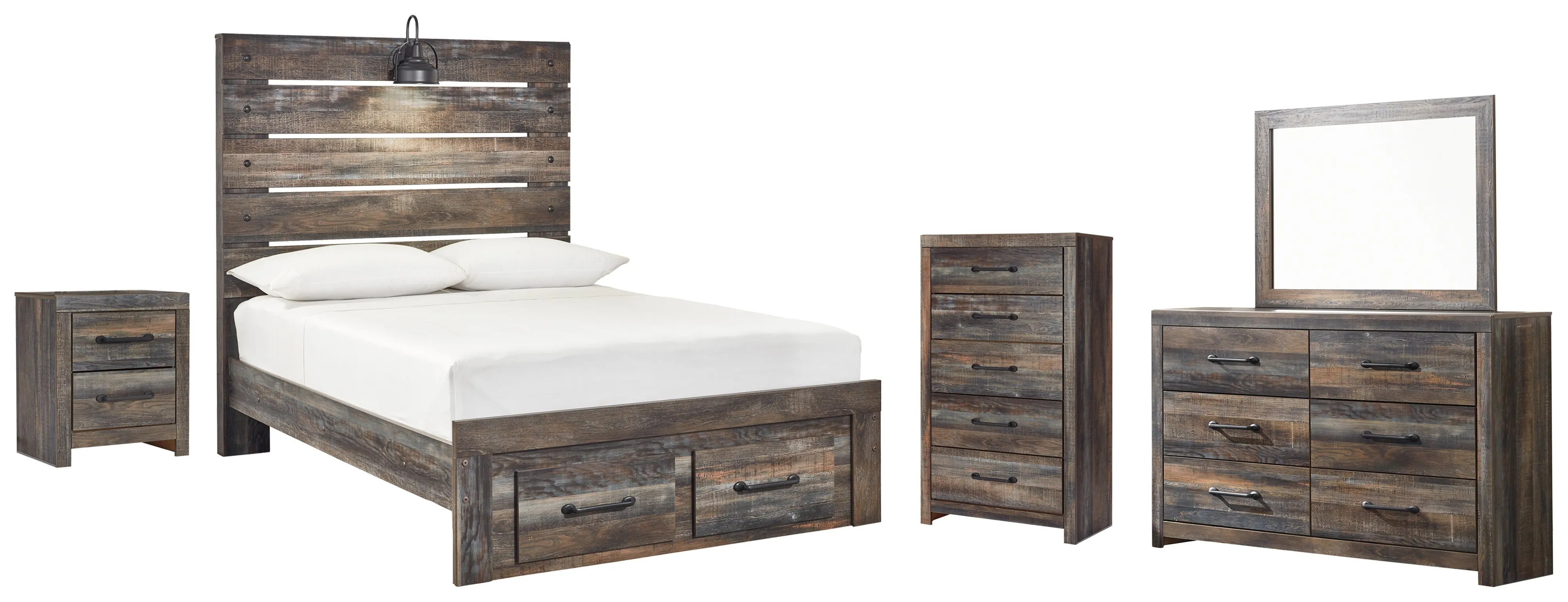Drystan Full Panel Bed with 2 Storage Drawers with Mirrored Dresser, Chest and Nightstand in Multi