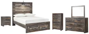 Drystan Full Panel Bed with 2 Storage Drawers with Mirrored Dresser, Chest and Nightstand in Multi