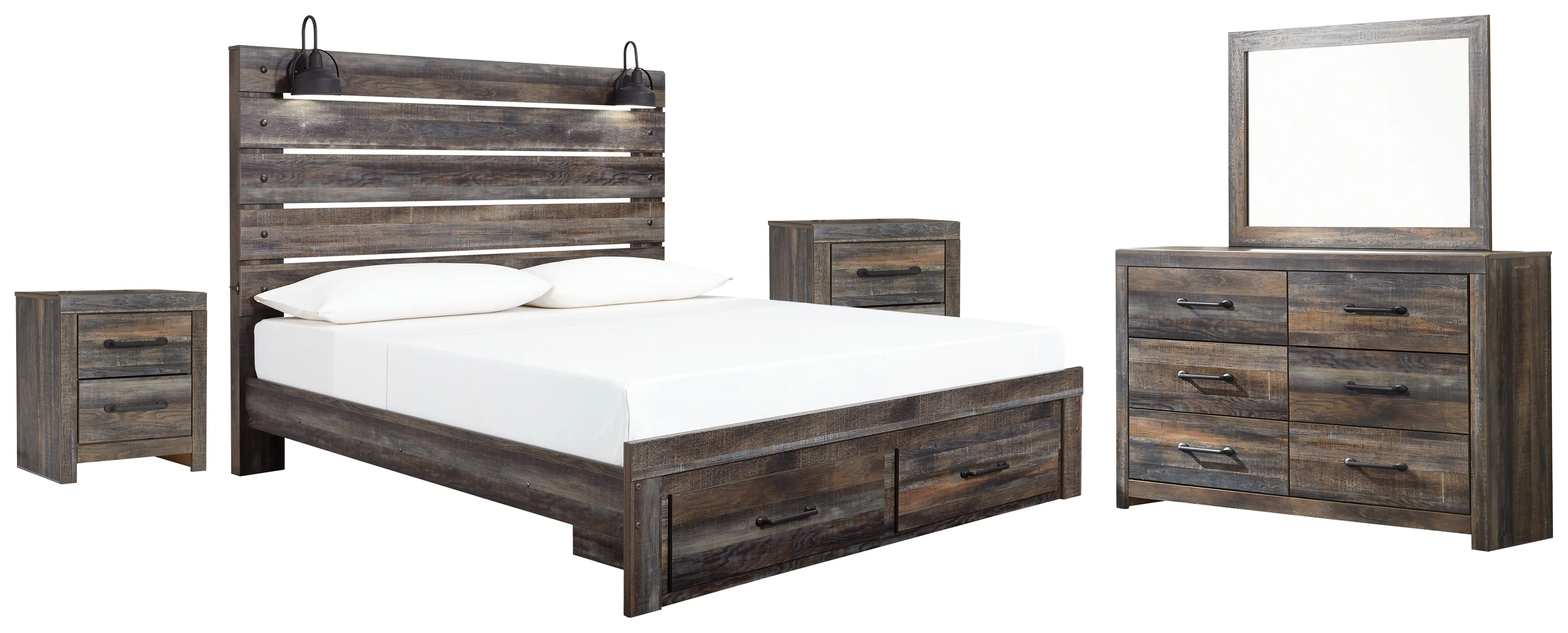 Drystan King Panel Bed with Storage with Mirrored Dresser and 2 Nightstands in Multi