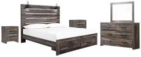 Drystan King Panel Bed with Storage with Mirrored Dresser and 2 Nightstands in Multi