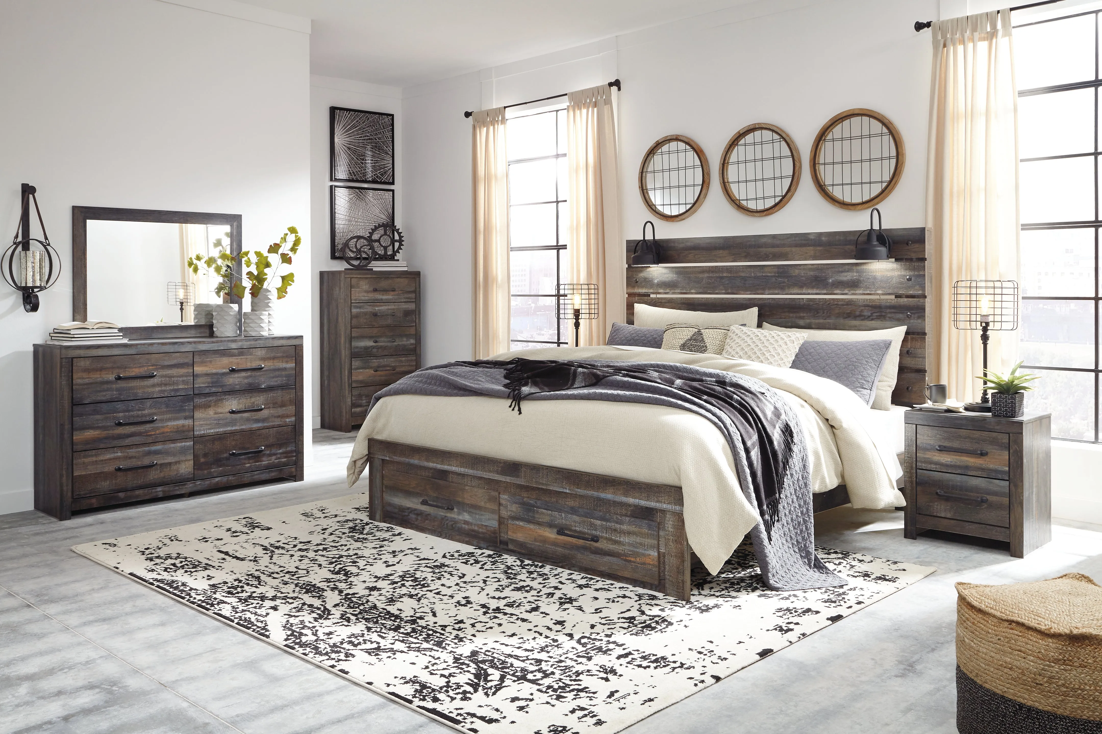 Drystan King Panel Bed with Storage with Mirrored Dresser, Chest and 2 Nightstands in Multi