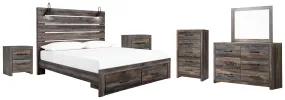 Drystan King Panel Bed with Storage with Mirrored Dresser, Chest and 2 Nightstands in Multi
