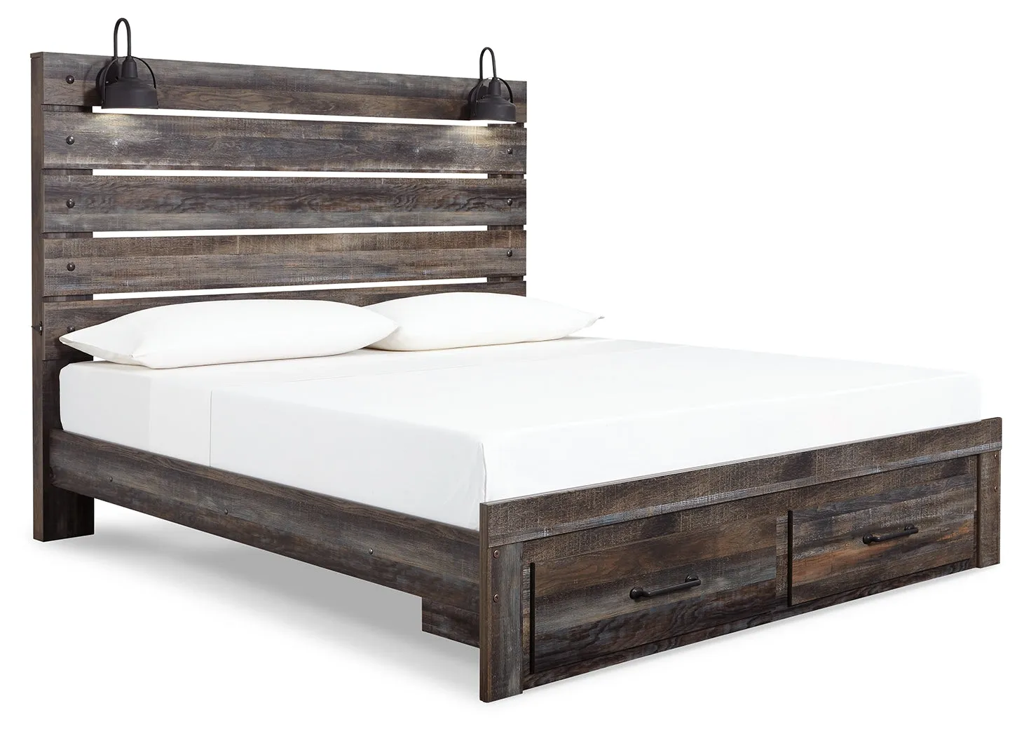 Drystan King Panel Bed with Storage with Mirrored Dresser, Chest and 2 Nightstands in Multi