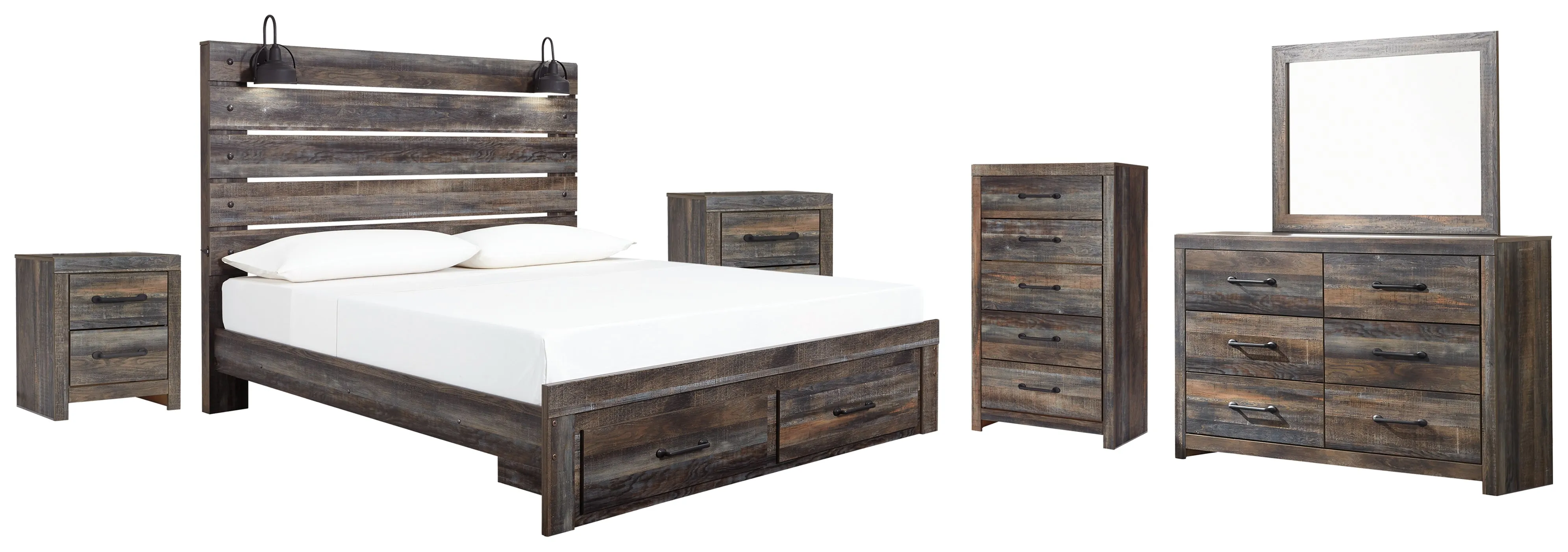 Drystan King Panel Bed with Storage with Mirrored Dresser, Chest and 2 Nightstands in Multi