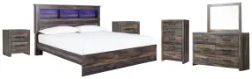 Drystan King Panel Bookcase Bed with Mirrored Dresser, Chest and 2 Nightstands in Multi