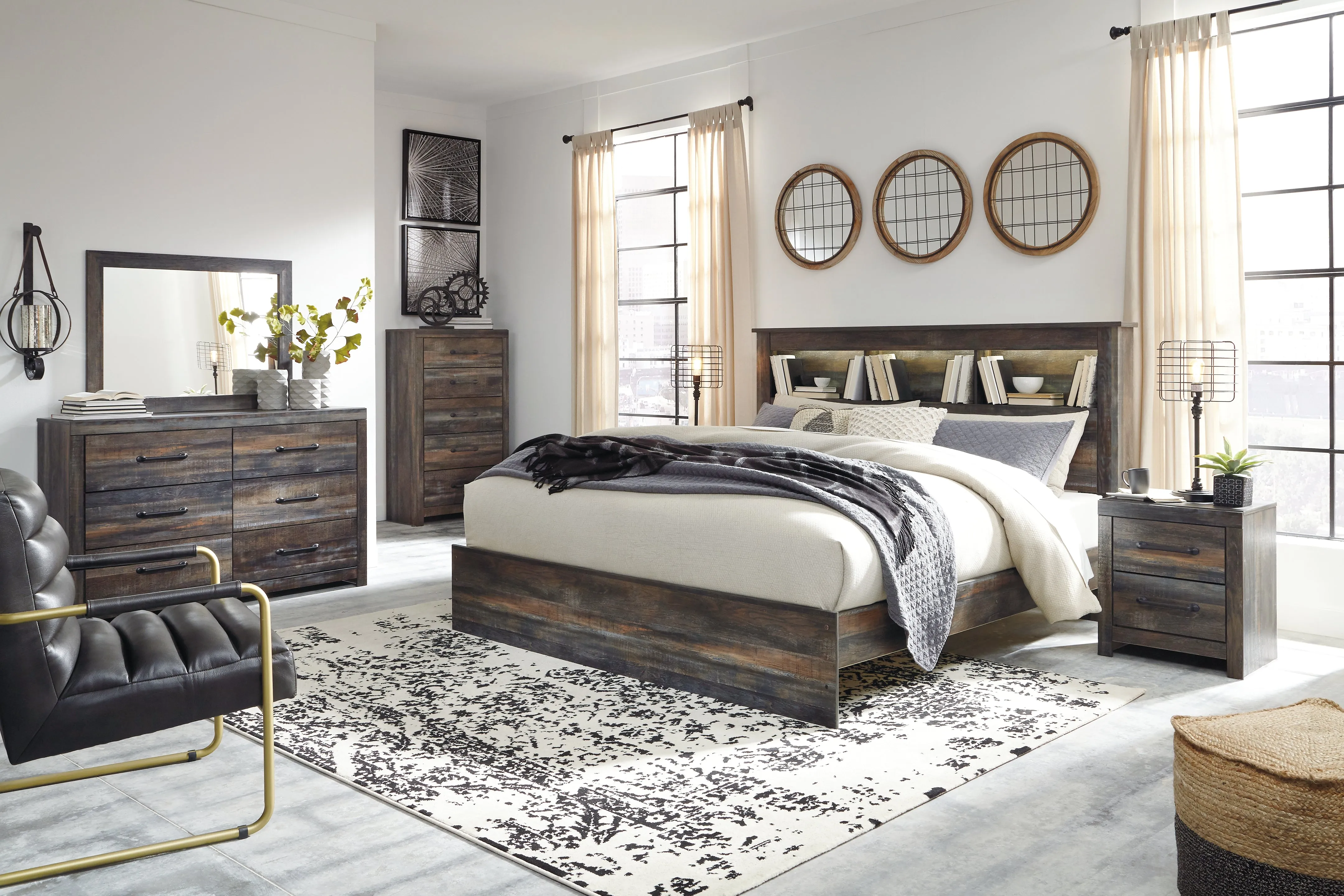 Drystan King Panel Bookcase Bed with Mirrored Dresser, Chest and Nightstand in Multi