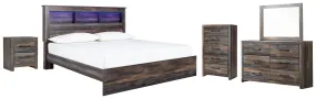 Drystan King Panel Bookcase Bed with Mirrored Dresser, Chest and Nightstand in Multi