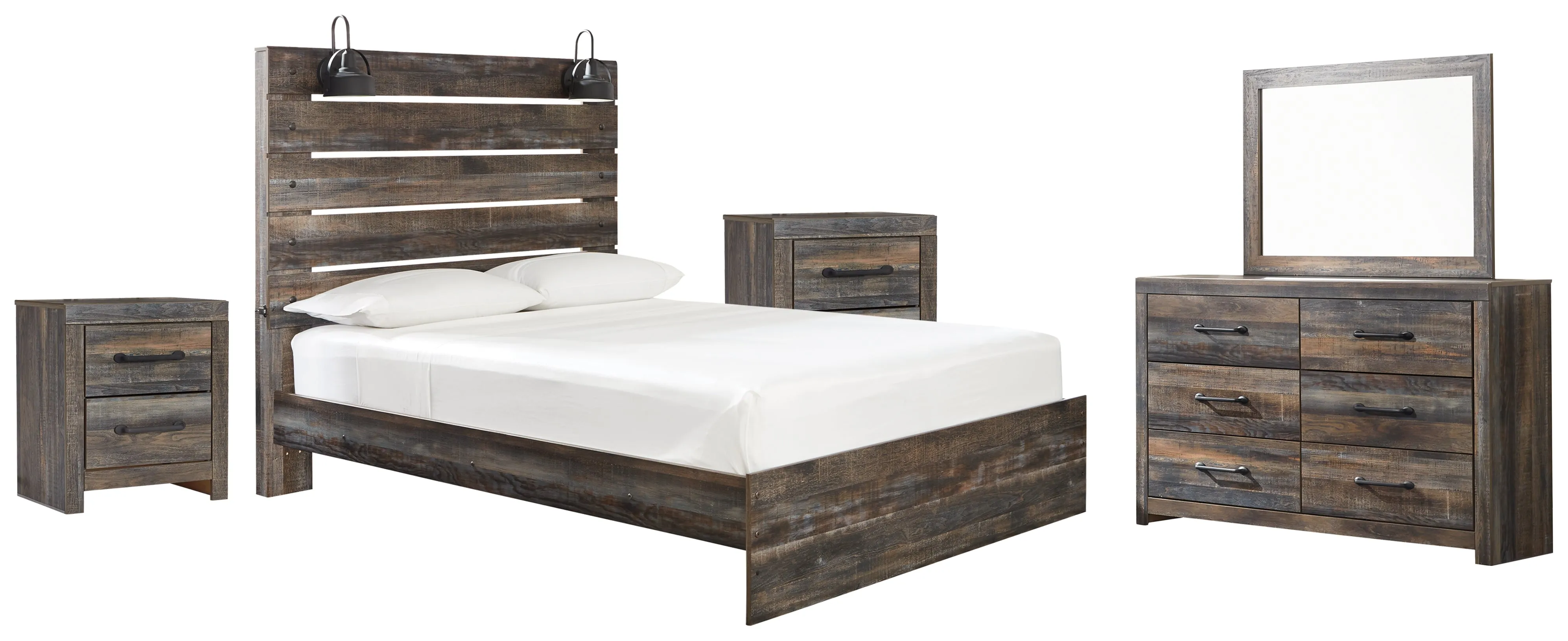 Drystan Queen Panel Bed with Mirrored Dresser and 2 Nightstands in Multi
