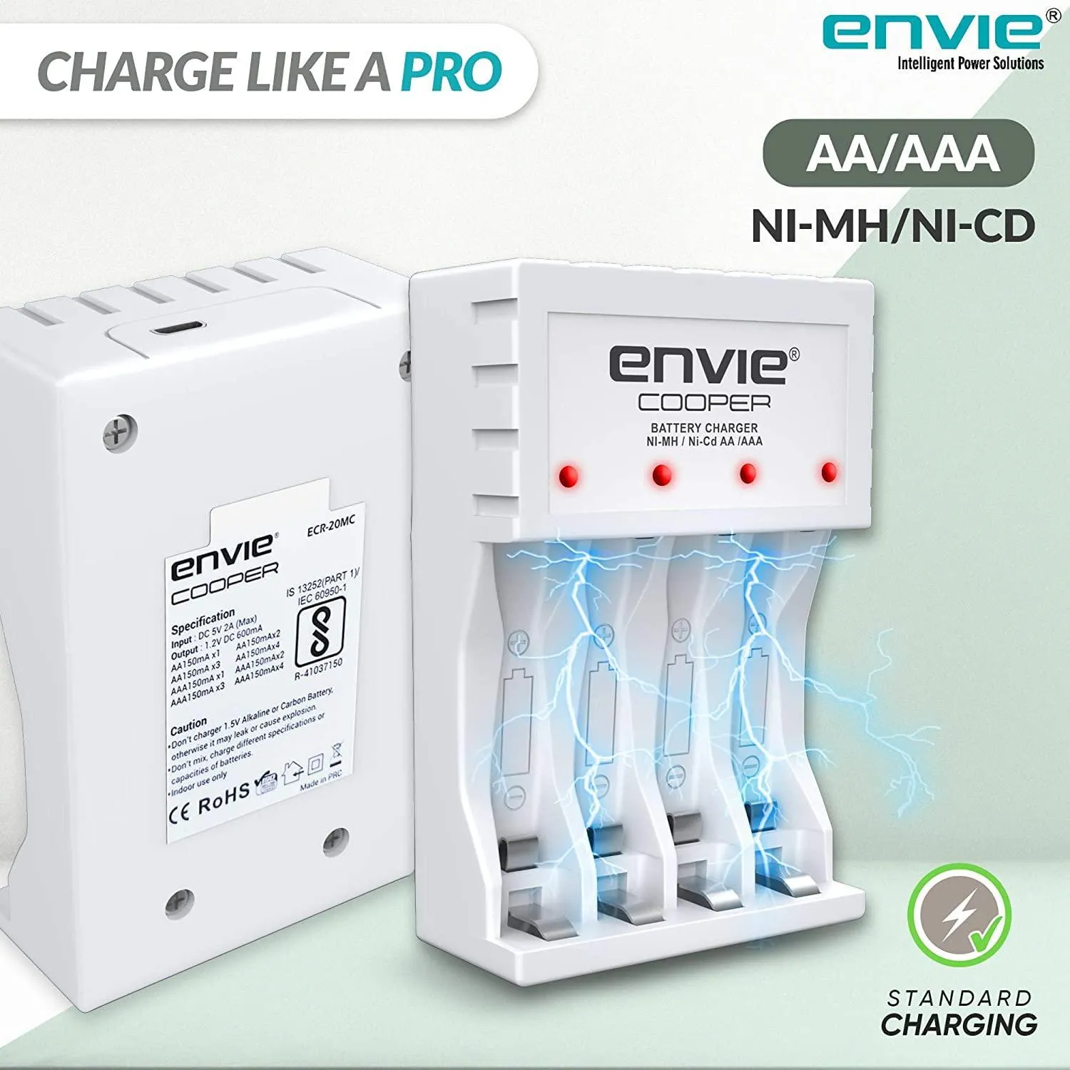 ENVIE (ECR 20 MC 4xAA2800) Standard Rechargeable Battery Charger for AA & AAA Ni-mh/Ni-Cd with 4xAA2800 Rechargeable Batteries
