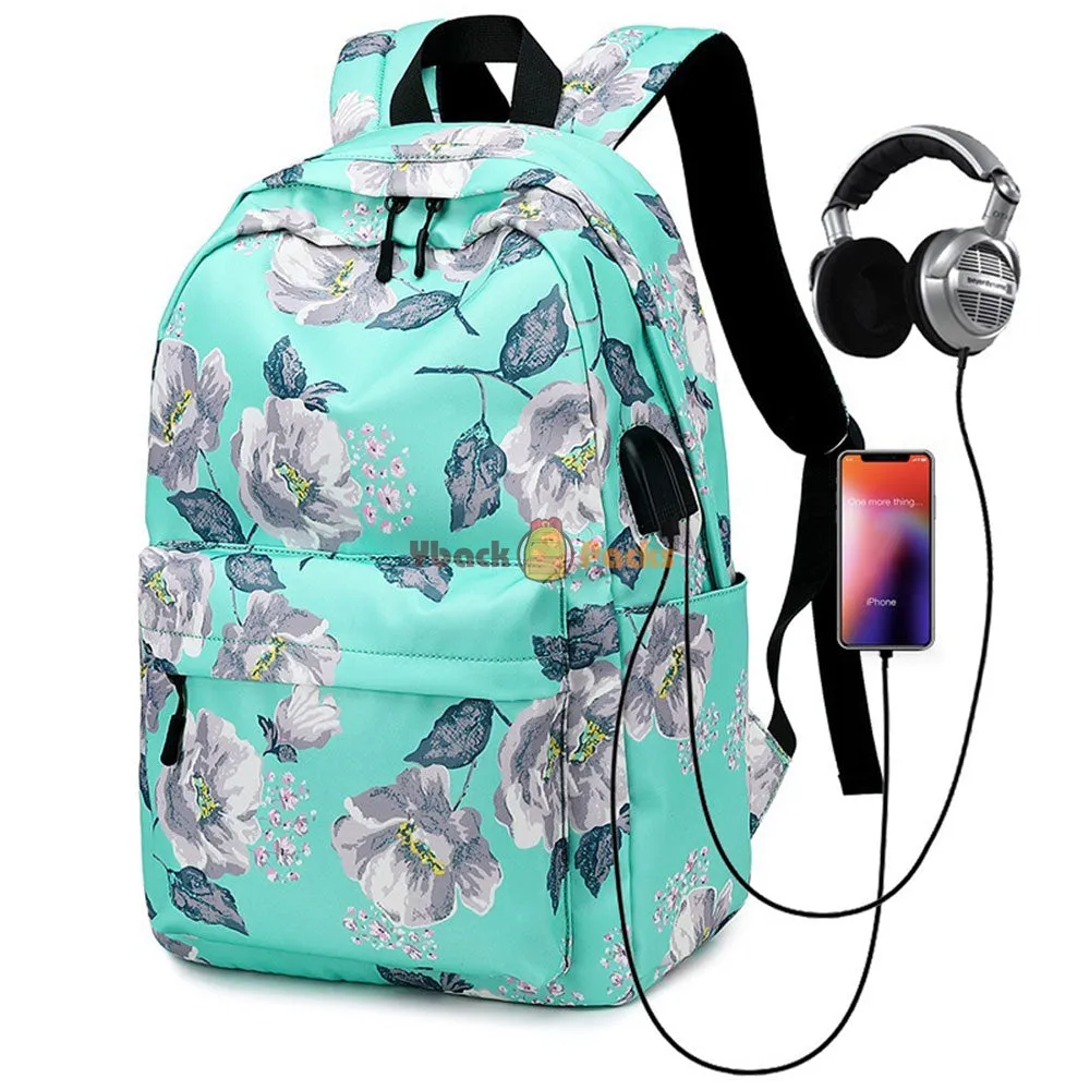 Floral Backpack with USB Charging Port Nylon Durable Outdoor Travel Bag for High School