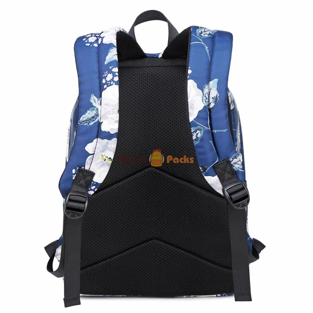Floral Backpack with USB Charging Port Nylon Durable Outdoor Travel Bag for High School