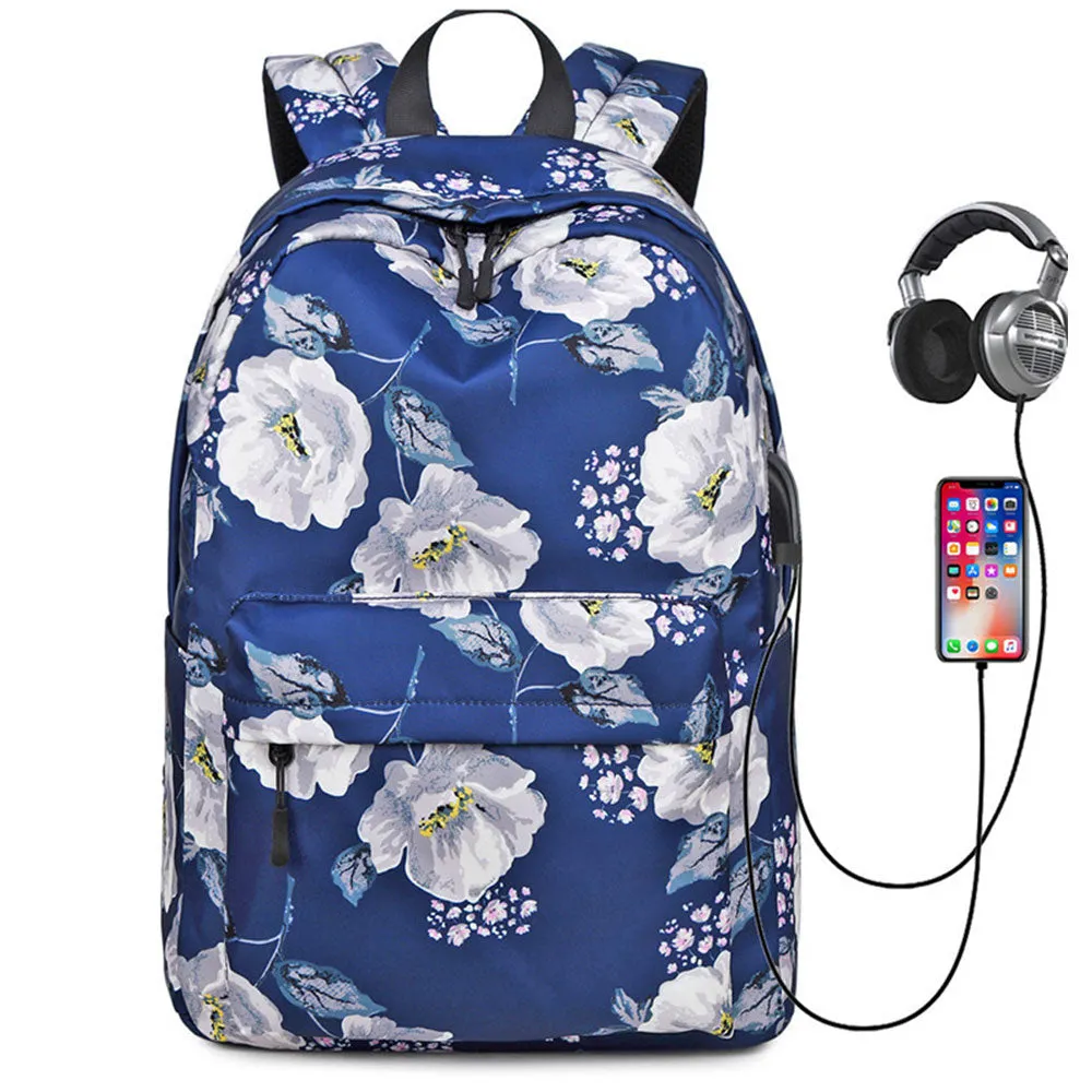 Floral Backpack with USB Charging Port Nylon Durable Outdoor Travel Bag for High School