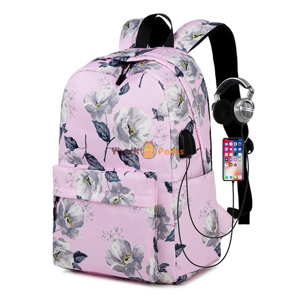 Floral Backpack with USB Charging Port Nylon Durable Outdoor Travel Bag for High School