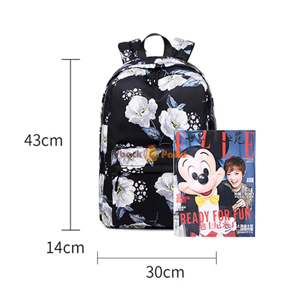 Floral Backpack with USB Charging Port Nylon Durable Outdoor Travel Bag for High School