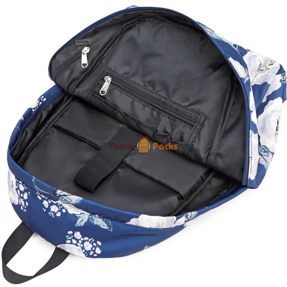 Floral Backpack with USB Charging Port Nylon Durable Outdoor Travel Bag for High School
