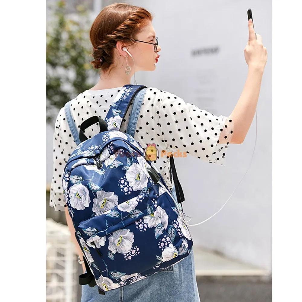 Floral Backpack with USB Charging Port Nylon Durable Outdoor Travel Bag for High School