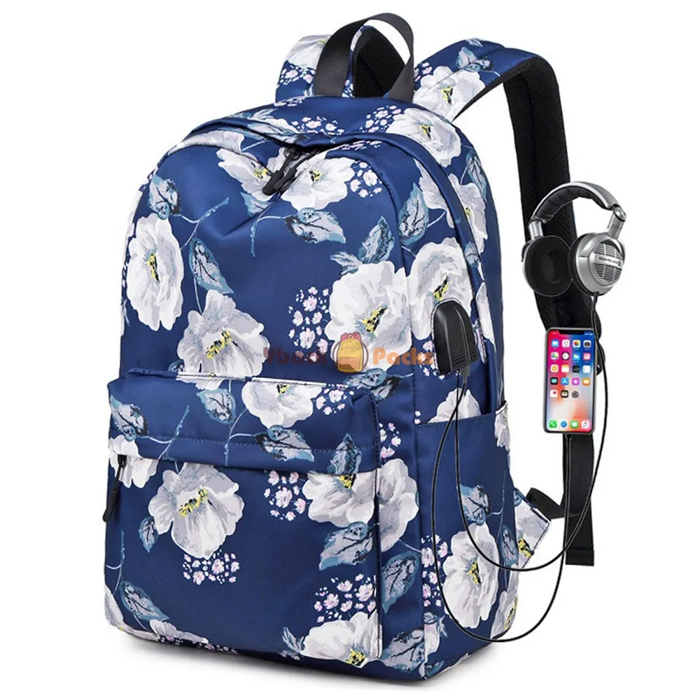 Floral Backpack with USB Charging Port Nylon Durable Outdoor Travel Bag for High School