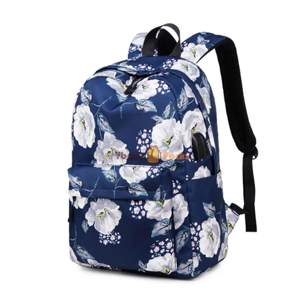 Floral Backpack with USB Charging Port Nylon Durable Outdoor Travel Bag for High School