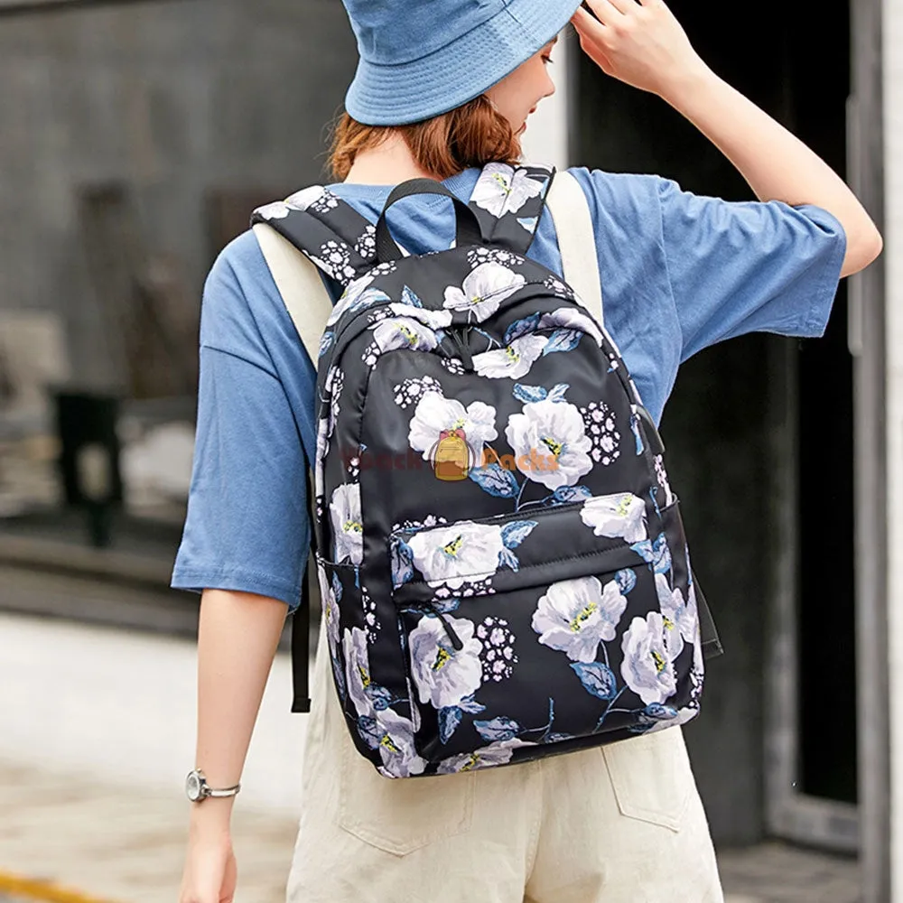 Floral Backpack with USB Charging Port Nylon Durable Outdoor Travel Bag for High School