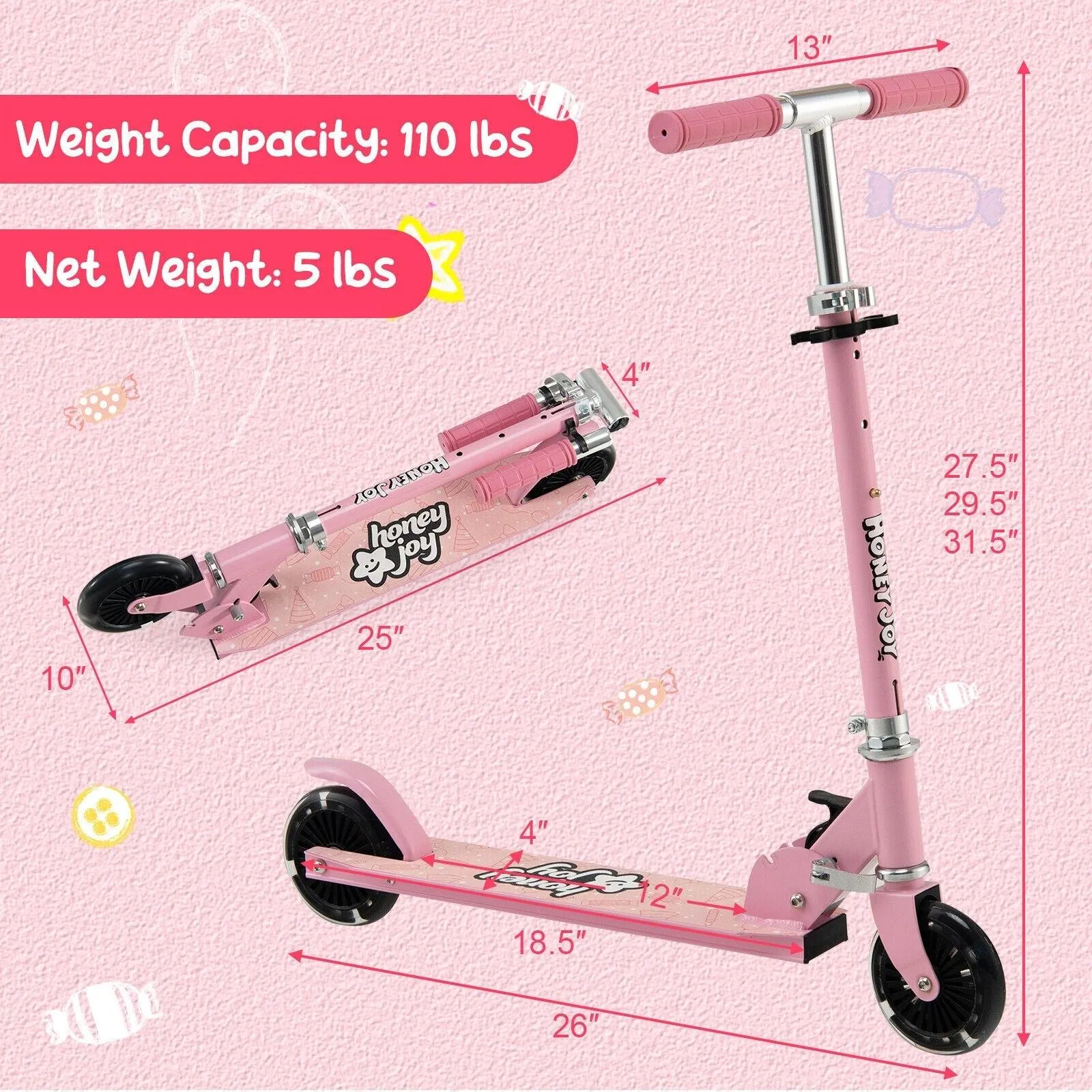 Folding Scooter 32601895 with 2 Flashing Wheels,Adjustable Height Kids Toy Kick