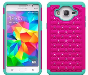 Galaxy On5 Case, Crystal Rhinestone Studded Slim Hybrid Dual Layer Case for Samsung Galaxy On5 - Hot Pink/Teal