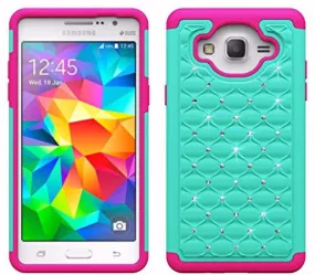 Galaxy On5 Case, Crystal Rhinestone Studded Slim Hybrid Dual Layer Case for Samung Galaxy On5 - Teal/Hot Pink