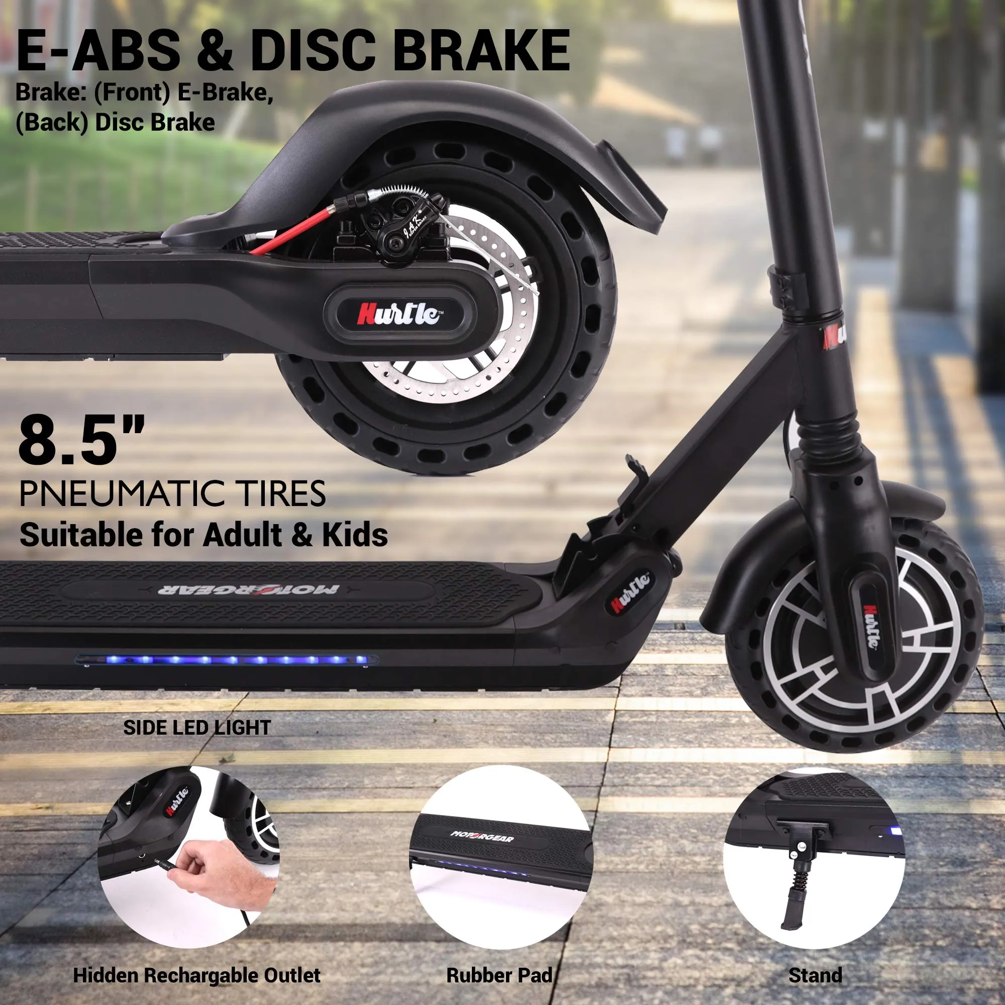 Hurtle Folding Electric Scooter for Adults-300W Brushless Motor Foldable Commuter Scooter w/8.5 Inch Pneumatic Tires,3 Speed Up to 19MPH,18 Miles,Disc Brake&ABS,for Adult&Kids-Hurtle HURES18-M5, Black