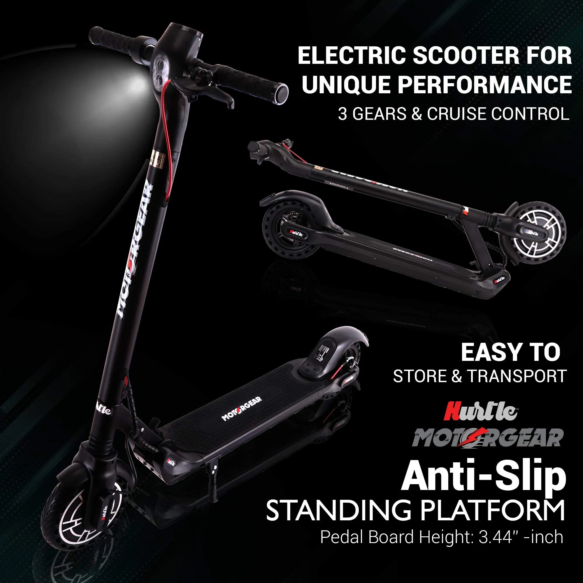 Hurtle Folding Electric Scooter for Adults-300W Brushless Motor Foldable Commuter Scooter w/8.5 Inch Pneumatic Tires,3 Speed Up to 19MPH,18 Miles,Disc Brake&ABS,for Adult&Kids-Hurtle HURES18-M5, Black