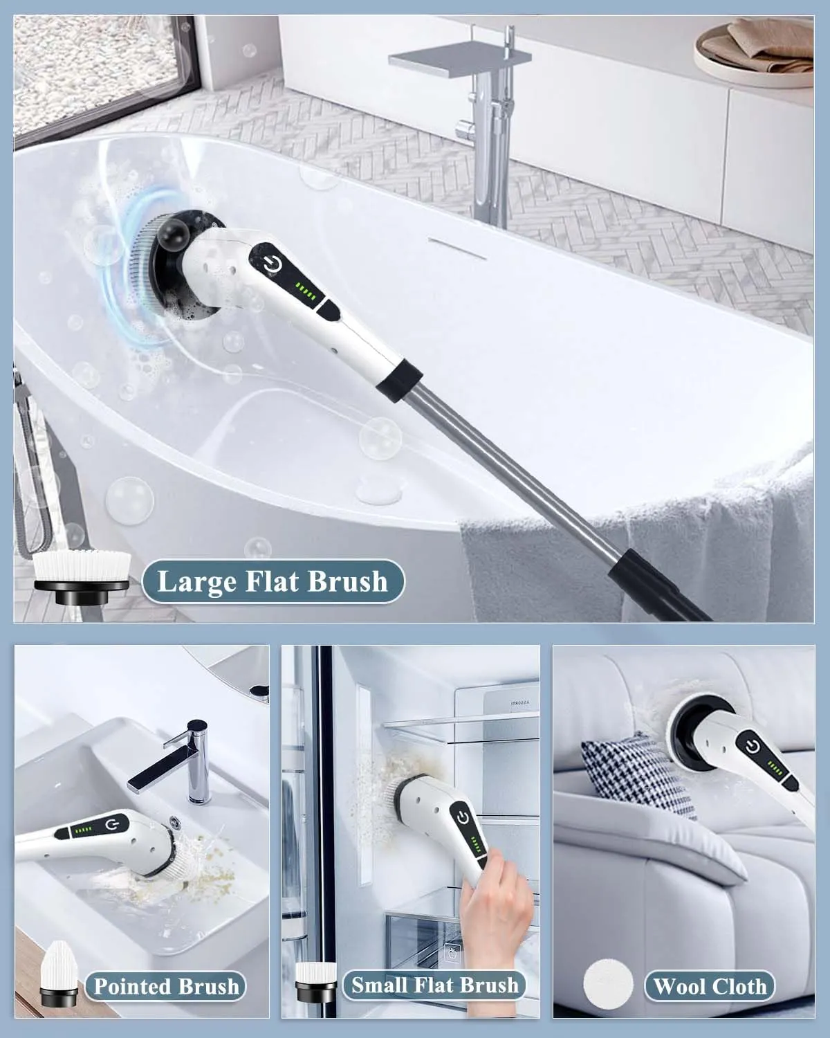 LOSUY Electric Spin Scrubber, Cordless Cleaning Brush with 7 Replaceable Drill Brush Heads and 54 Inch Adjustable Extension Arm, Power Shower Scrubber for Bathroom, Kitchen, Floor, Tile, Tub