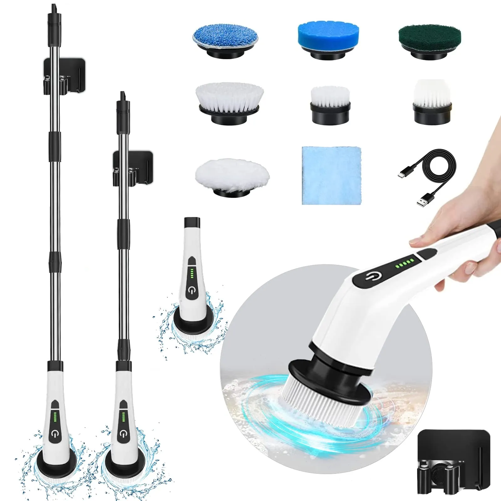 LOSUY Electric Spin Scrubber, Cordless Cleaning Brush with 7 Replaceable Drill Brush Heads and 54 Inch Adjustable Extension Arm, Power Shower Scrubber for Bathroom, Kitchen, Floor, Tile, Tub