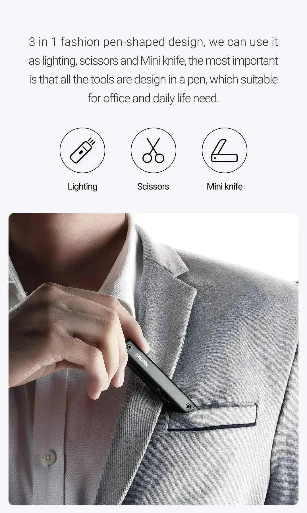 NexTool Mini Multi Tool 3 in 1 Pocket Knife Scissors Pen Tools N1 Portable Outdoors USB Rechargeable IPX4 Waterproof Flashlight