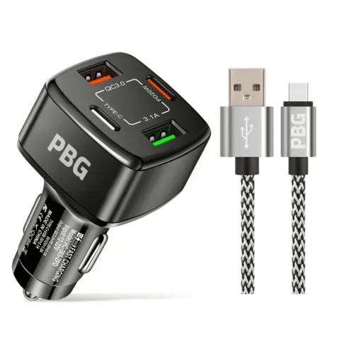 PBG Black PD 4-Port Fast Car Charger with 10FT Zebra Style Wire iPhone