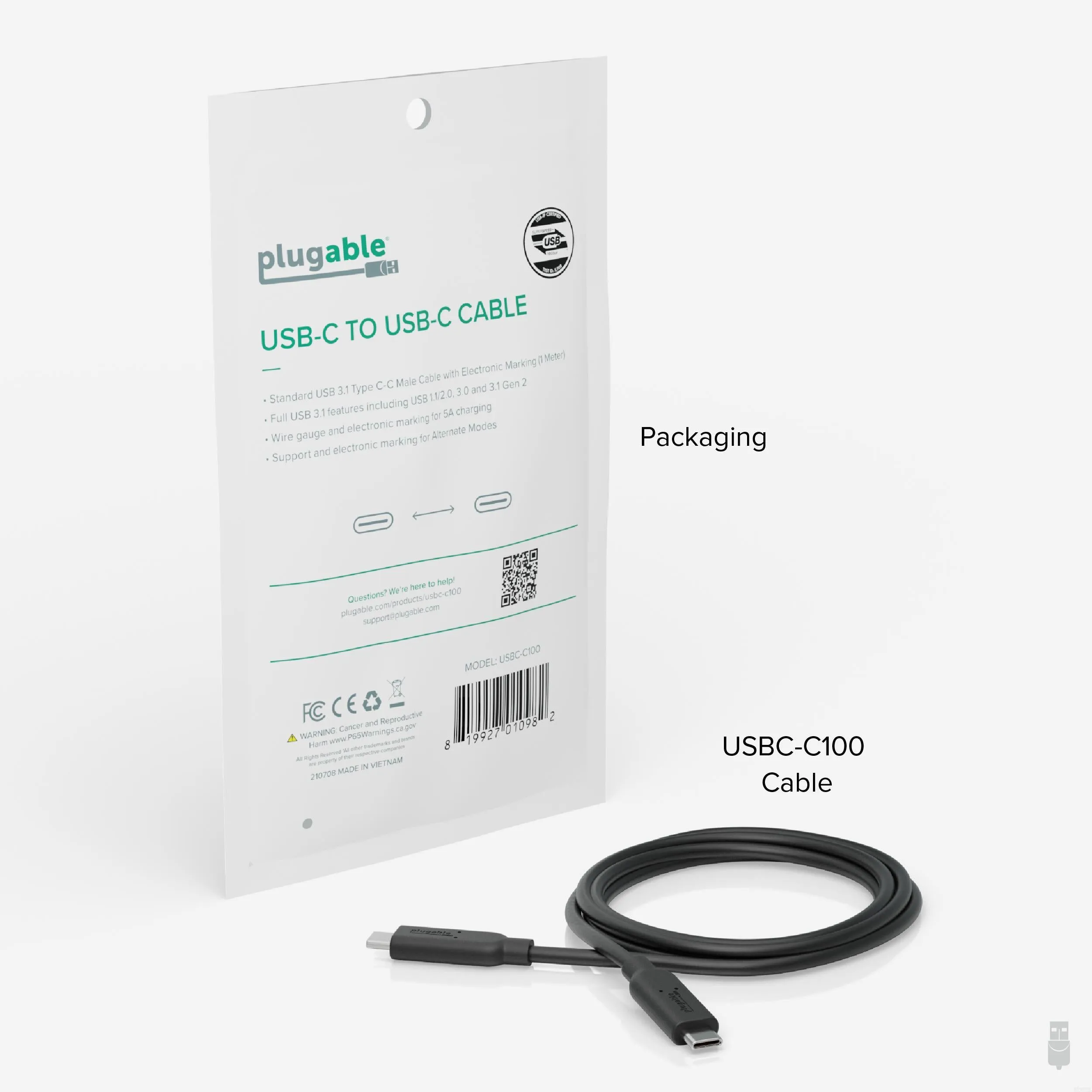 Plugable 10Gbps USB C to USB C Cable, 3.3 feet (1 Meter), 5A, USB-IF Certified, USB 3.1 Gen 2 Type-C - Driverless