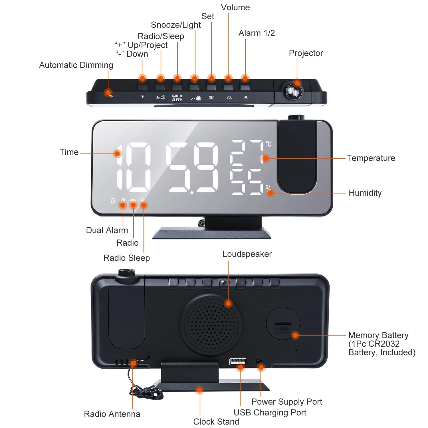 Projection Alarm Clock with Radio Function
