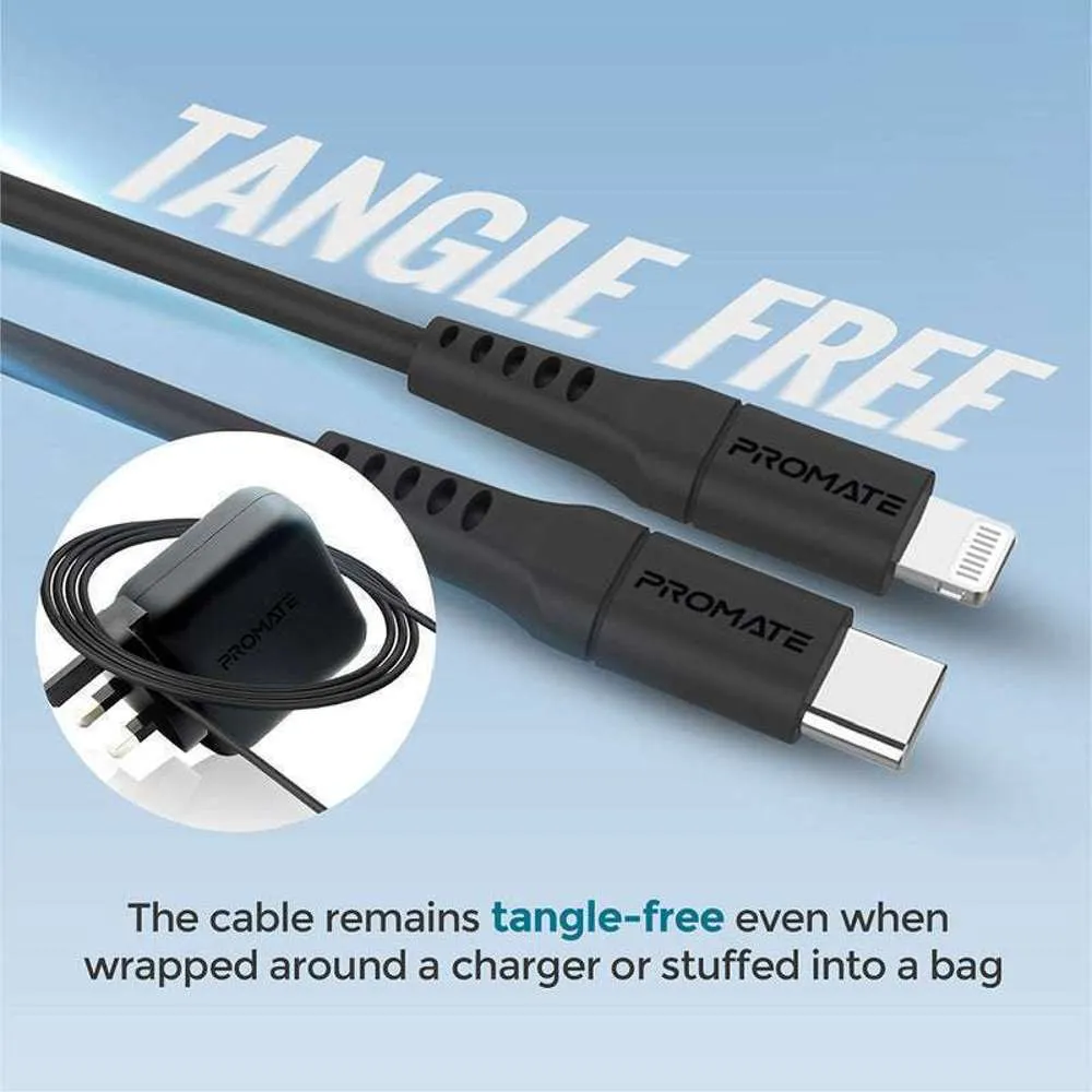 Promate 20W USB-C to Lightning Charge Cable 1.2m Black