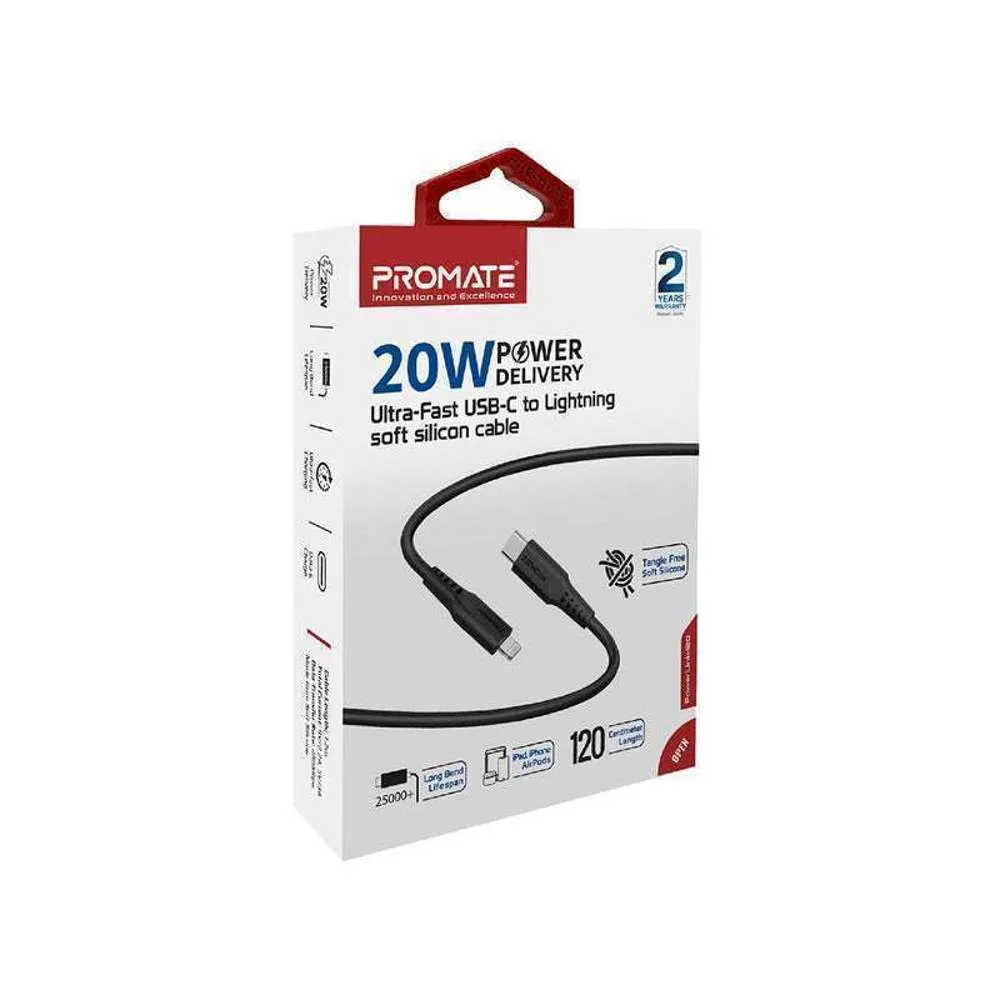 Promate 20W USB-C to Lightning Charge Cable 1.2m Black
