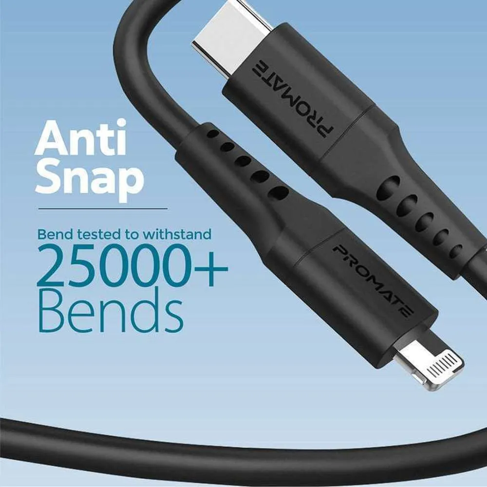 Promate 20W USB-C to Lightning Charge Cable 1.2m Black