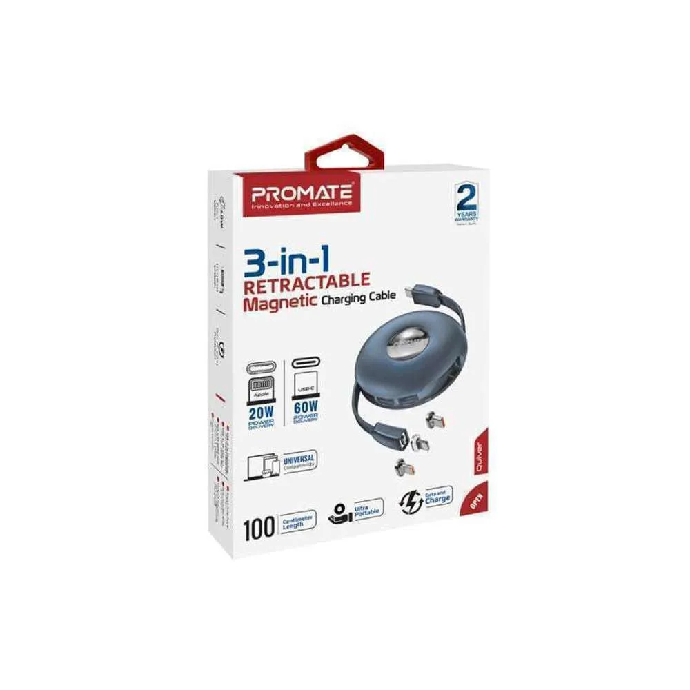 Promate 3-in-1 Auto-Recoil Charger USB-C Lightning Micro-USB Blue