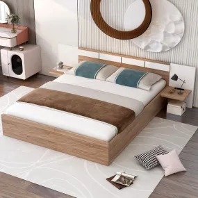 Queen-Size Platform Bed with Headboard Shelves, USB Ports, and Sockets