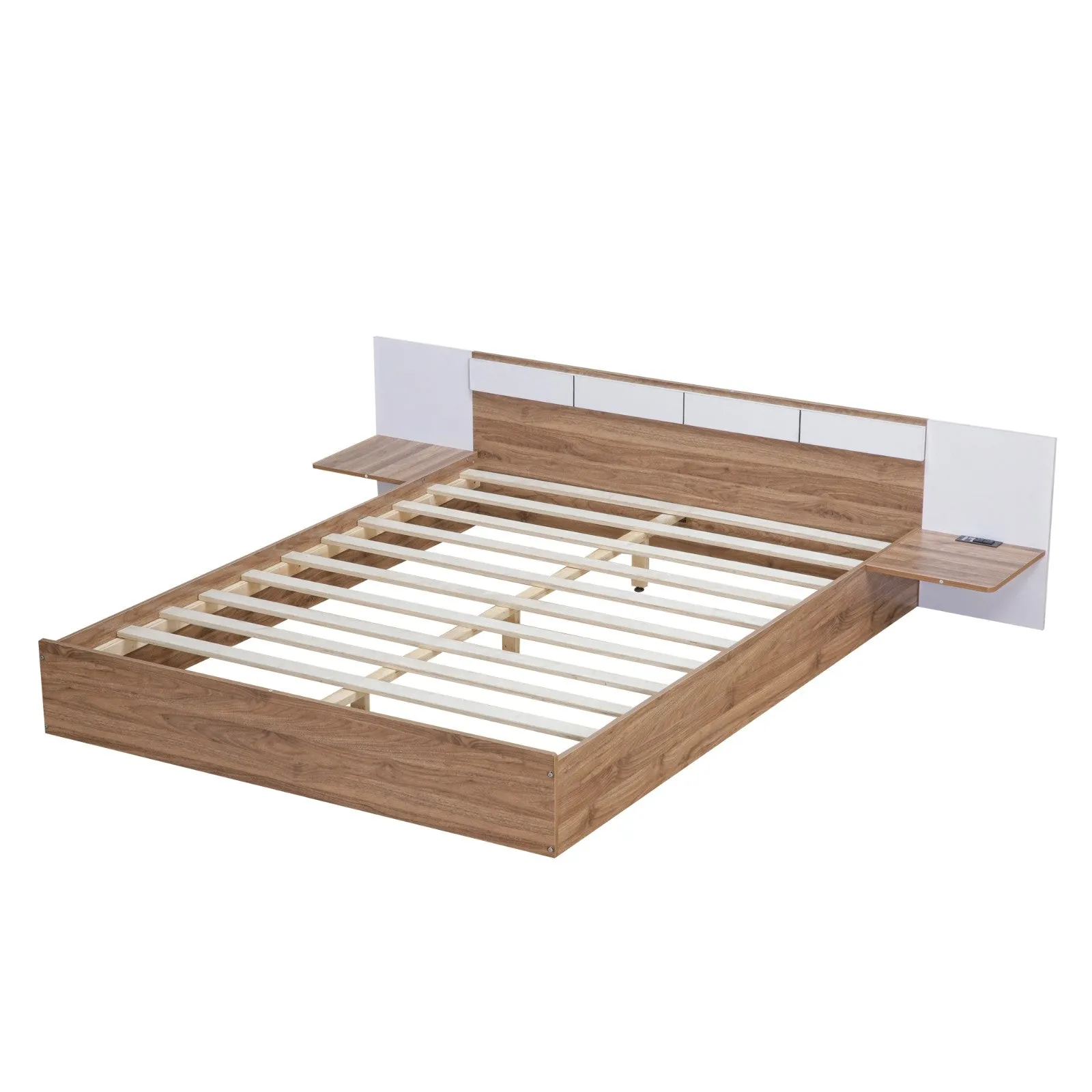 Queen-Size Platform Bed with Headboard Shelves, USB Ports, and Sockets
