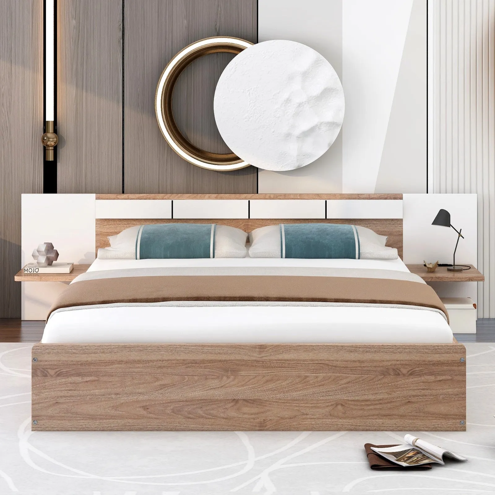 Queen-Size Platform Bed with Headboard Shelves, USB Ports, and Sockets