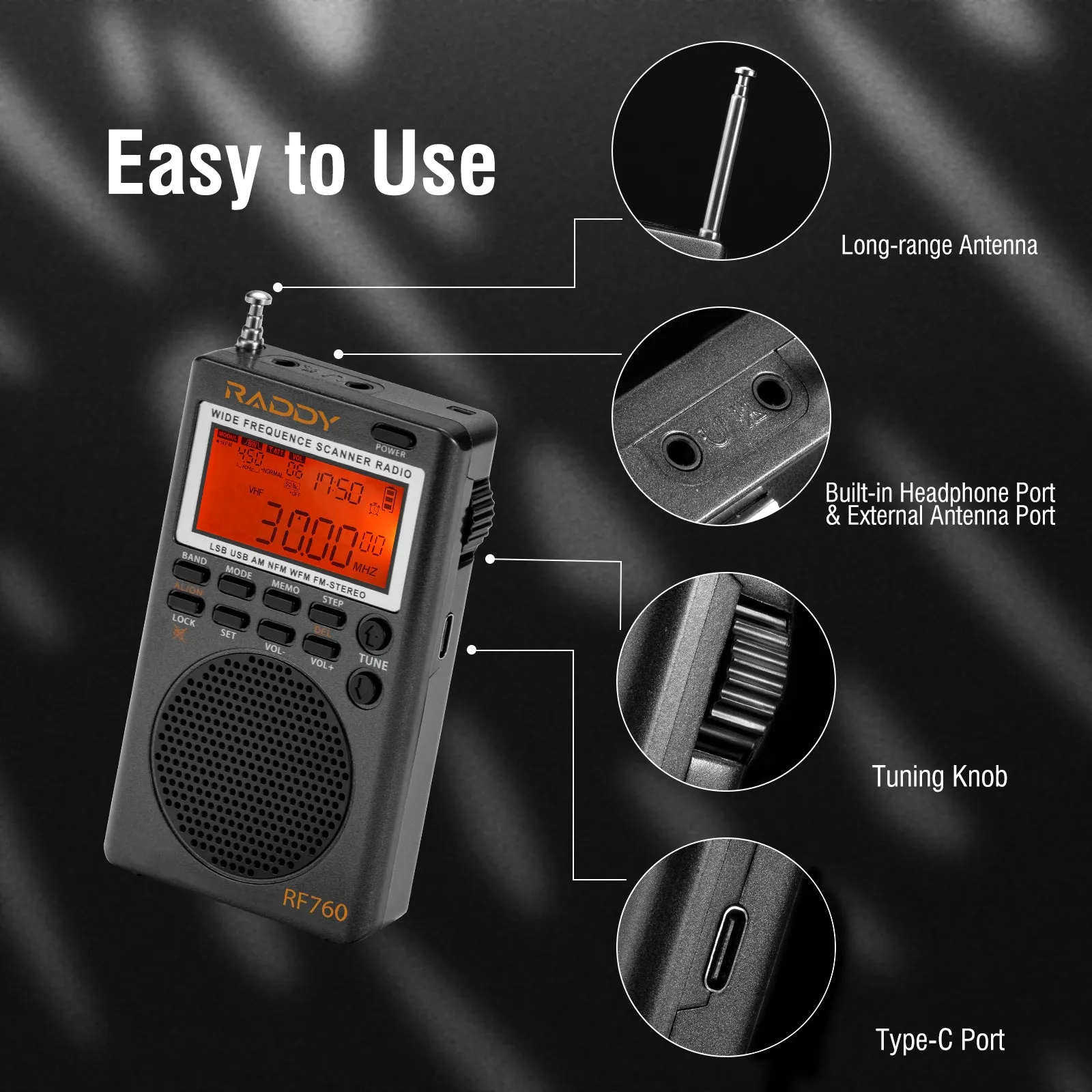 Raddy RF760 SSB Shortwave Radio FM AM SW CB VHF UHF WX AIR Marine Full Band Receiver | NOAA Alert | Rechargeable