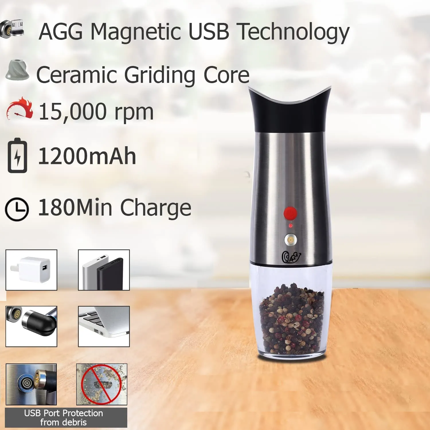 Rechargeable Electric Gravity activated Pepper / Salt / Spice Grinder with LED Light, Adjustable Coarseness, Rechargeable, One Hand use Stainless Steel, Protected Port, & Magnetic Universal USB cable by Aggels