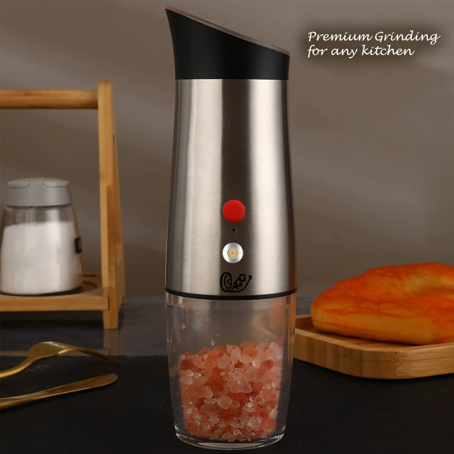 Rechargeable Electric Gravity activated Pepper / Salt / Spice Grinder with LED Light, Adjustable Coarseness, Rechargeable, One Hand use Stainless Steel, Protected Port, & Magnetic Universal USB cable by Aggels