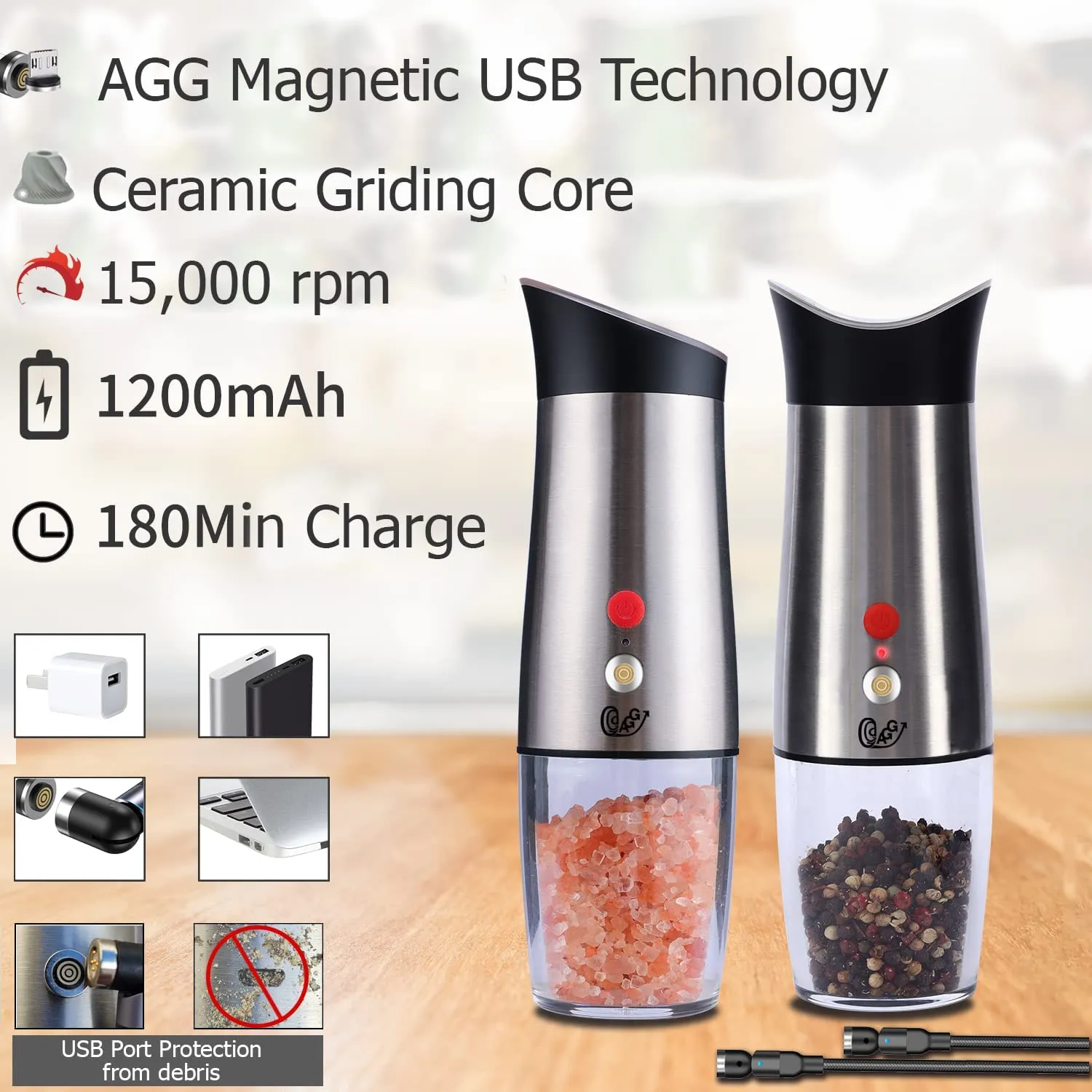 Rechargeable Electric Gravity activated Pepper / Salt / Spice Grinder with LED Light, Adjustable Coarseness, Rechargeable, One Hand use Stainless Steel, Protected Port, & Magnetic Universal USB cable by Aggels