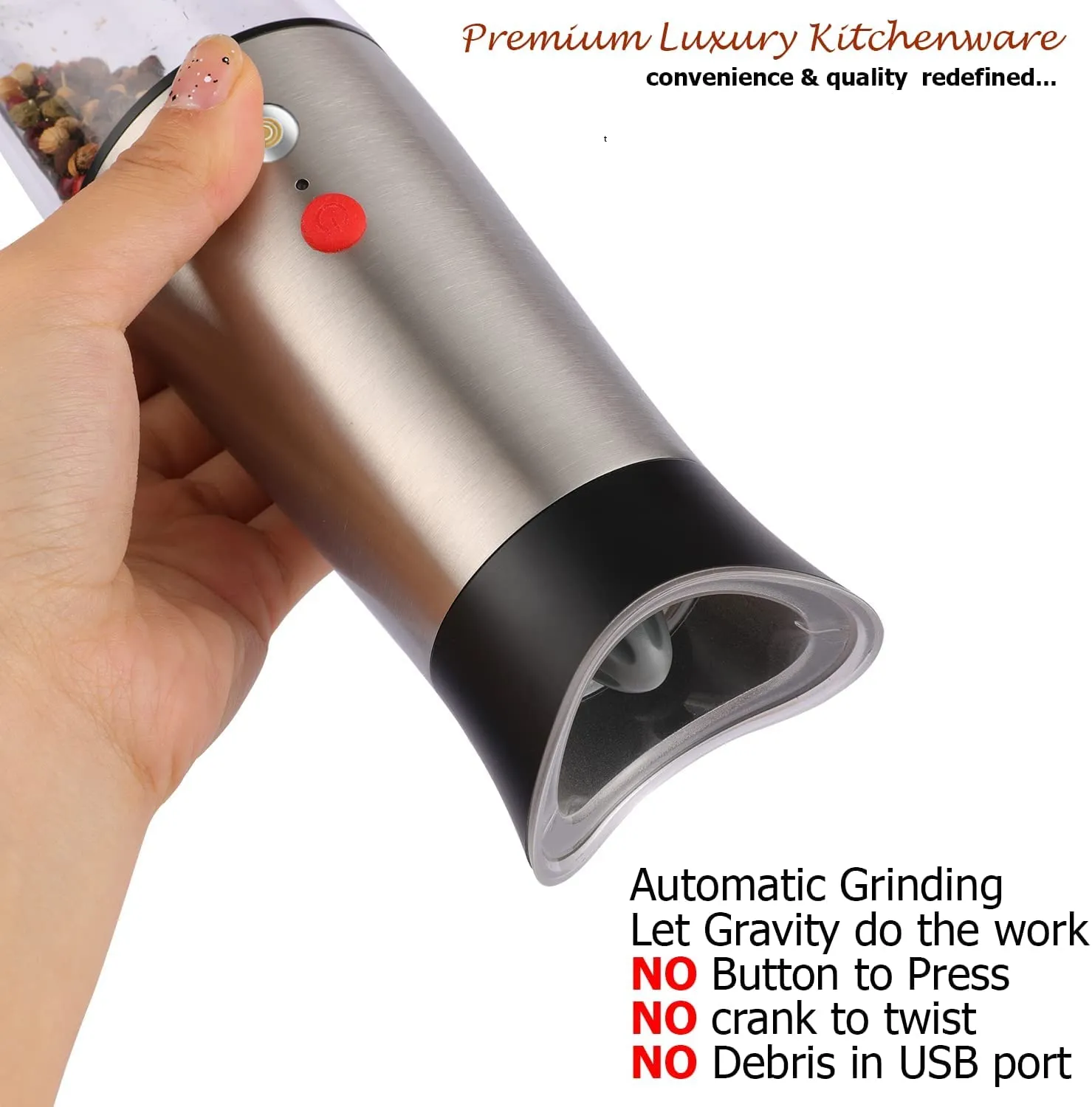 Rechargeable Electric Gravity activated Pepper / Salt / Spice Grinder with LED Light, Adjustable Coarseness, Rechargeable, One Hand use Stainless Steel, Protected Port, & Magnetic Universal USB cable by Aggels