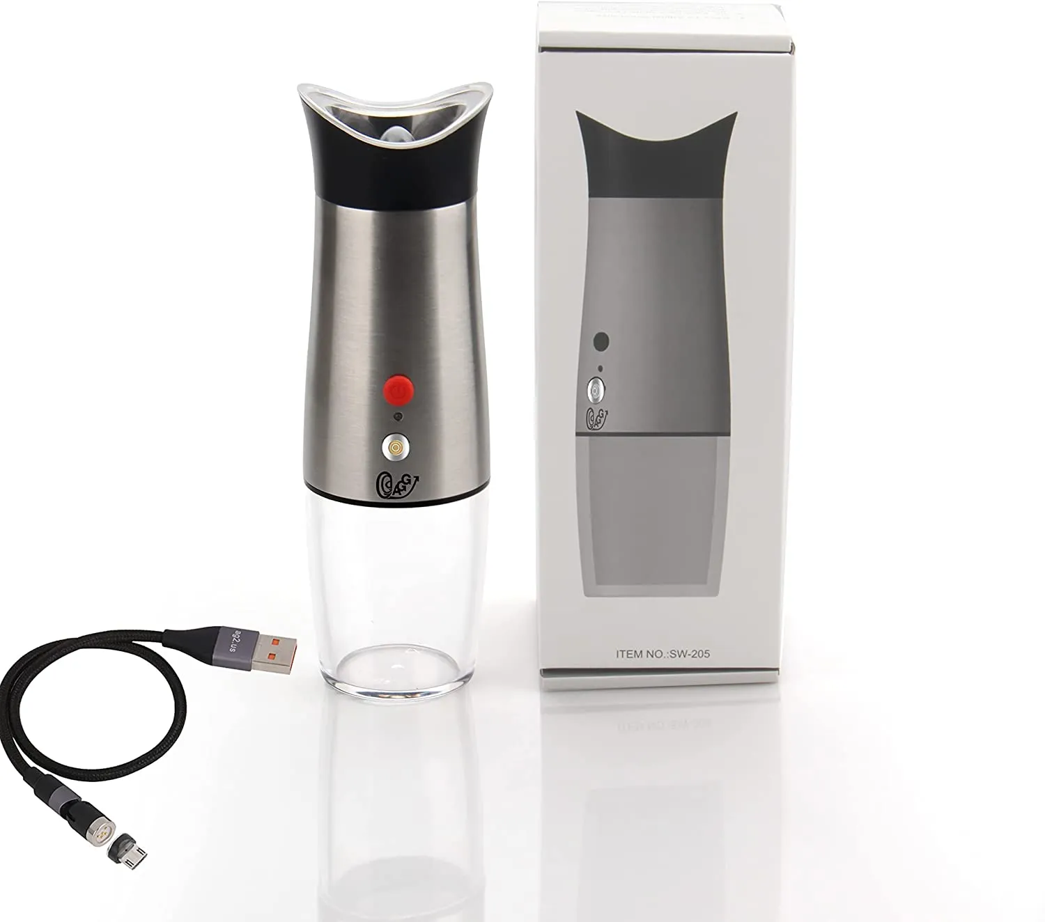 Rechargeable Electric Gravity activated Pepper / Salt / Spice Grinder with LED Light, Adjustable Coarseness, Rechargeable, One Hand use Stainless Steel, Protected Port, & Magnetic Universal USB cable by Aggels